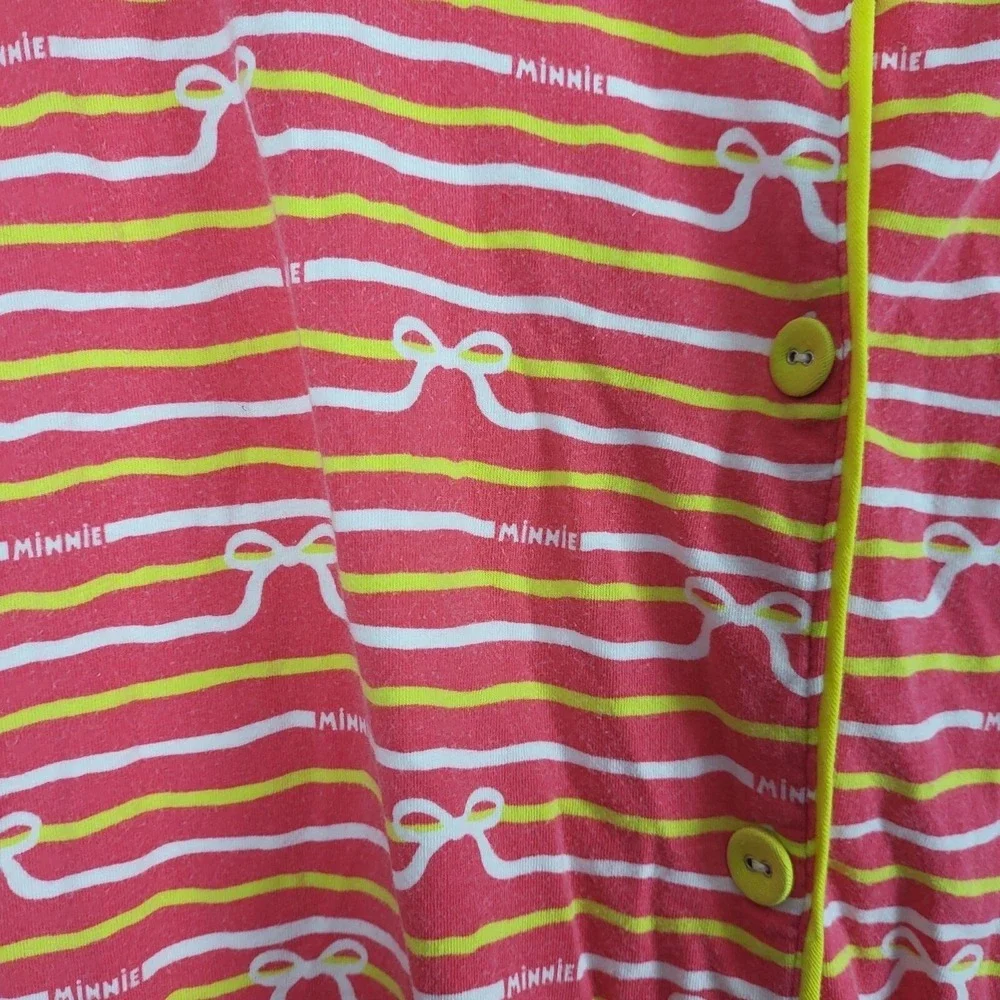 Disney Minnie Mouse Pajama Set L Womens Pink Yellow White Striped Button Front - Picture 9 of 13